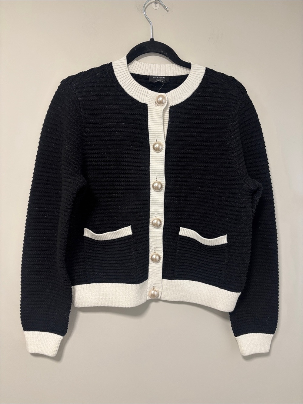 NWT kate spade Black Cardigan with White Trim and Pearl Buttons-oversized XS